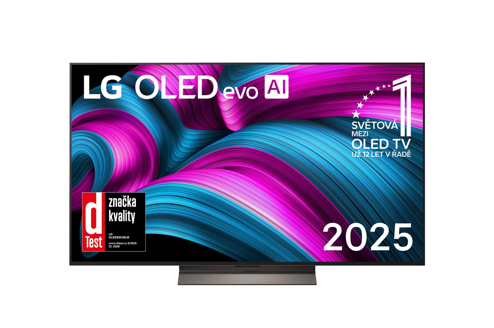 Čelní pohled na LG OLED evo AI C5 4K Smart TV. Na obrazovce je emblém 12 let světové jedničky OLED a logo LG OLED evo AI 2025.