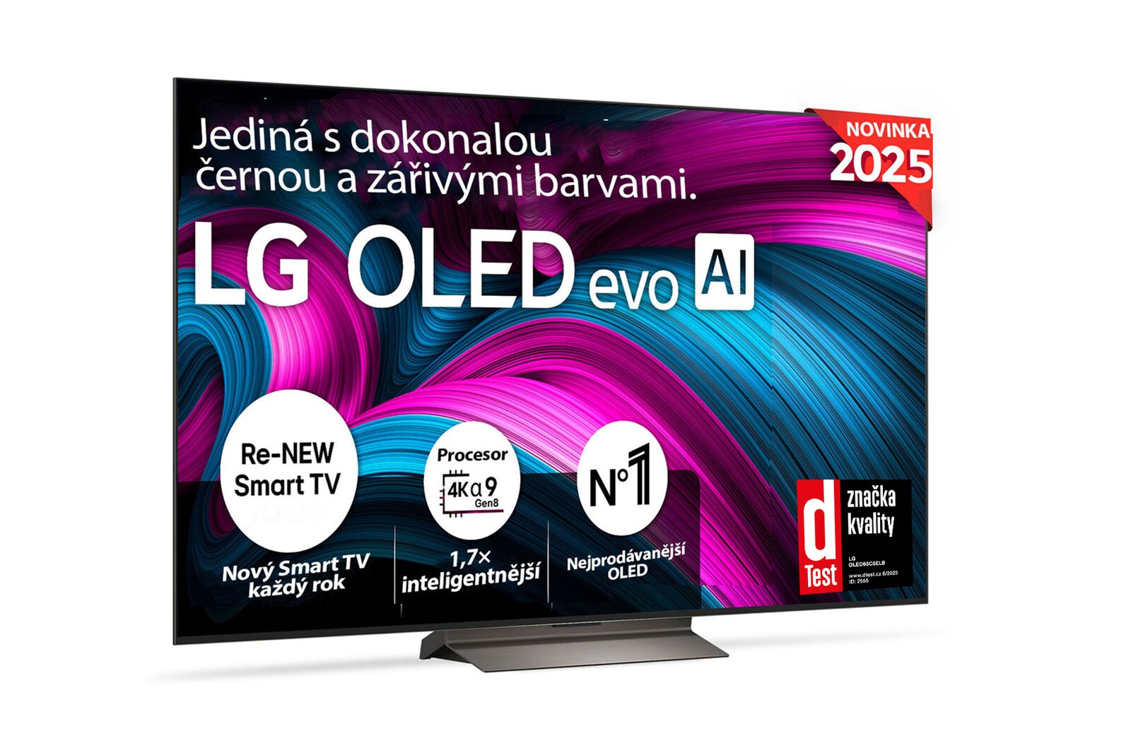 Čelní pohled na LG OLED evo AI C5 4K Smart TV. Na obrazovce je emblém 12 let světové jedničky OLED a logo LG OLED evo AI 2025.