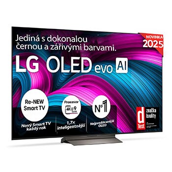 Čelní pohled na LG OLED evo AI C5 4K Smart TV. Na obrazovce je emblém 12 let světové jedničky OLED a logo LG OLED evo AI 2025.