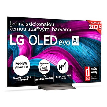 Čelní pohled na LG OLED evo AI C5 4K Smart TV. Na obrazovce je emblém 12 let světové jedničky OLED a logo LG OLED evo AI 2025.