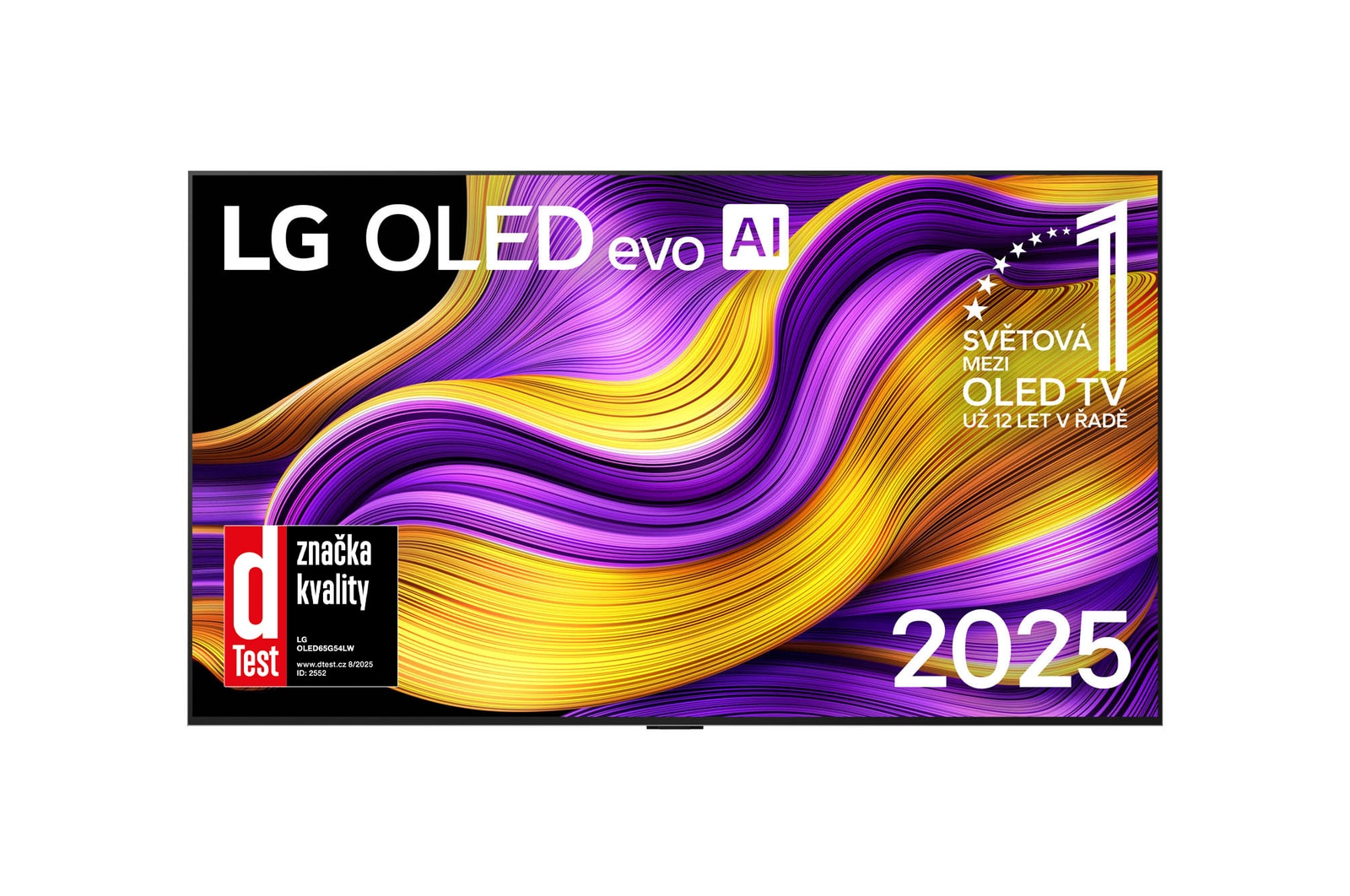 Čelní pohled na LG OLED evo AI G5 4K Smart TV. Na obrazovce je emblém 12 let světové jedničky OLED a logo LG OLED evo AI 2025.