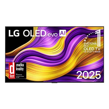 Čelní pohled na LG OLED evo AI G5 4K Smart TV. Na obrazovce je emblém 12 let světové jedničky OLED a logo LG OLED evo AI 2025.