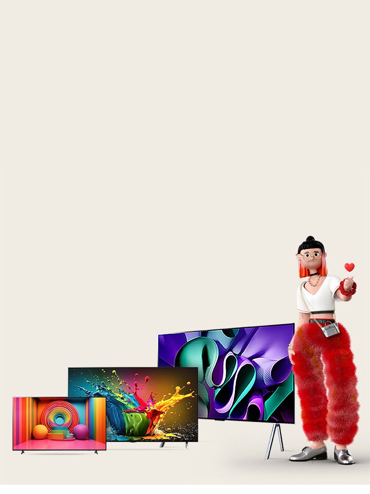 An animated female figure making a heart with her hands is next to three OLED/QNED TVs: the first is an LG OLED TV, the second is an LG QNED TV on a stand, and the third is an LG OLED TV M4 with a 2-pole stand. To the left are the words "How do I choose the best TV?" and a red button with the words "Learn More".	