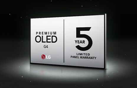 Obrázek loga LG OLED Care+ a 5leté záruky na panel na černém pozadí.
