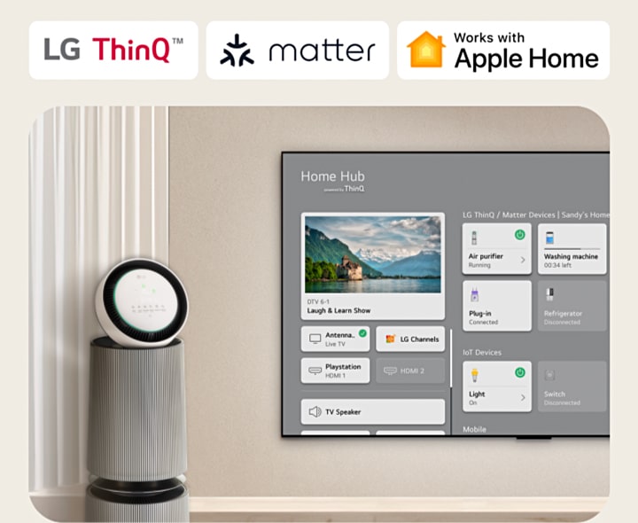 Ein an der Wand montierter LG TV und ein LG PuriCare™ Objet Collection 360° auf der linken Seite. Der Fernseher zeigt Home Hub an und ein Mauszeiger klickt auf „Luftreiniger“ und der LG PuriCare™ Objet Collection 360° wird aktiviert.