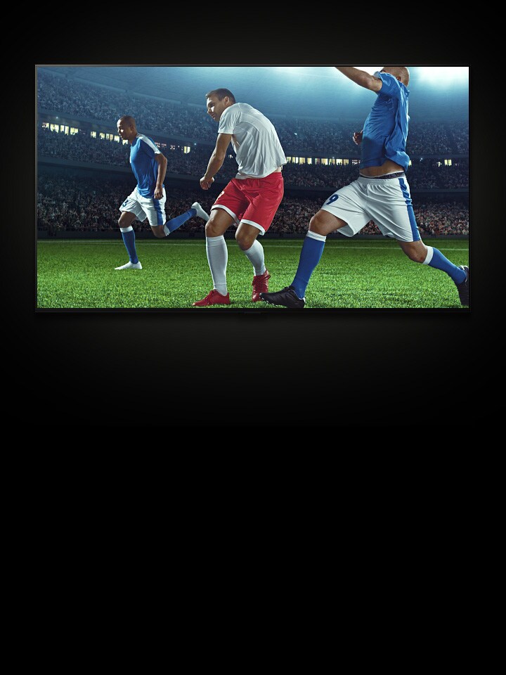 An LG TV displays a football player on a pitch. A menu on the left side of the display shows settings, and the cursor clicks to change the picture setting from 'Vivid' to 'Sports Mode'. A graphic line passes over the screen to reveal a brighter, clearer picture.