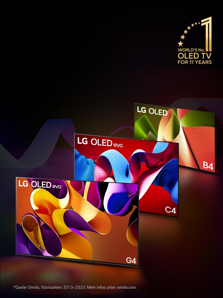 Zu sehen ist ein LG OLED evo TV C4, evo G4 und B4, aufgereiht vor einem schwarzen Hintergrund mit subtilen Farbwirbeln. Das Emblem „Bester OLED TV seit 11 Jahren“ ist ebenfalls auf dem Bild zu sehen.  Haftungsausschluss: *Quelle: Omdia, Stückzahlen 2013–2023. Mehr Infos unter: omdia.com.