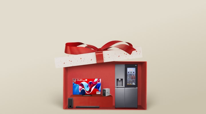 Bild eines roten Geschenkkartons mit LG Produkten wie Fernseher, Kühlschrank, Soundbar und Kopfhörern.