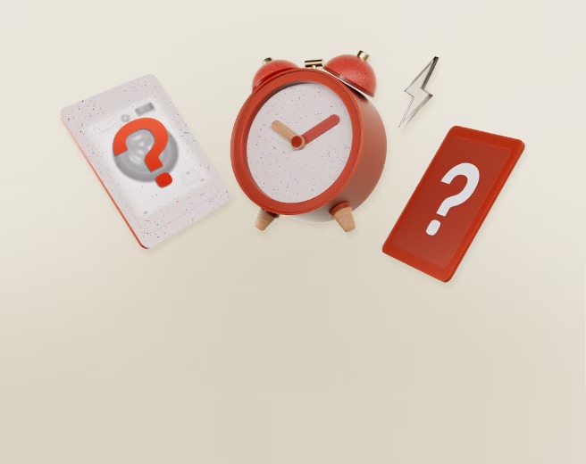 Zwei Karten mit einem „?“ über der Silhouette eines Produkts und einem Bild einer Uhr.