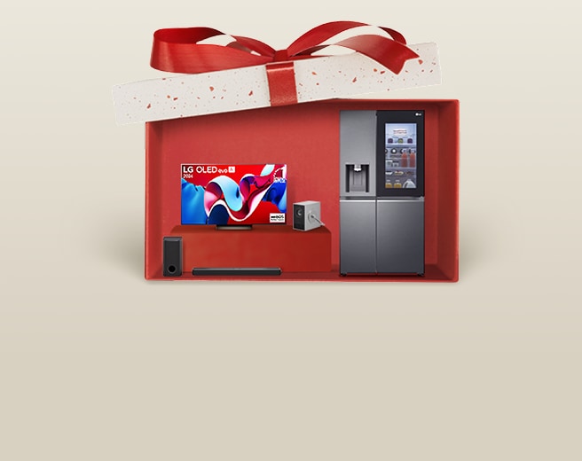 LG Member Days Unverzichtbare Angebote Werbebild mit LG-Produkten (Fernseher, Kühlschrank, Waschmaschine, Mikrowelle) in einer roten Geschenkbox.