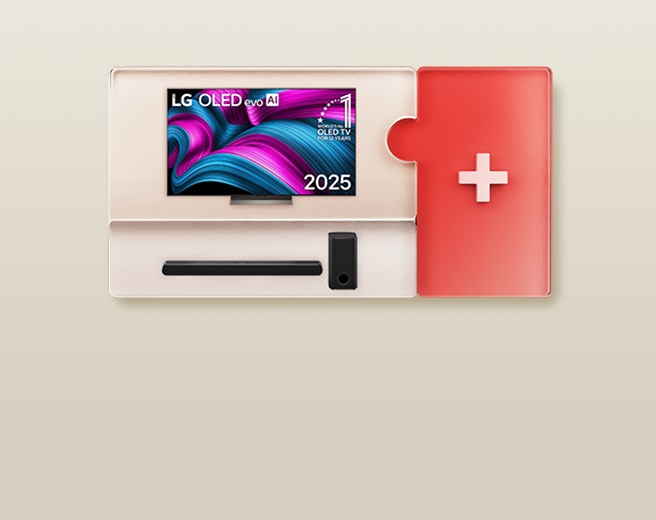 Ein Bild von einem Fernseher und einer Soundbar, die wie ein Puzzle zusammengesetzt sind.