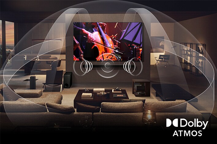 Ein Paar schaut einen Film im Wohnzimmer auf einem LG OLED TV mit LG Soundbar. Grafiken zeigen, wie Dolby Atmos den ganzen Raum mit Klang aus allen Richtungen füllt. Das Dolby Atmos-Logo befindet sich in der unteren Ecke.
