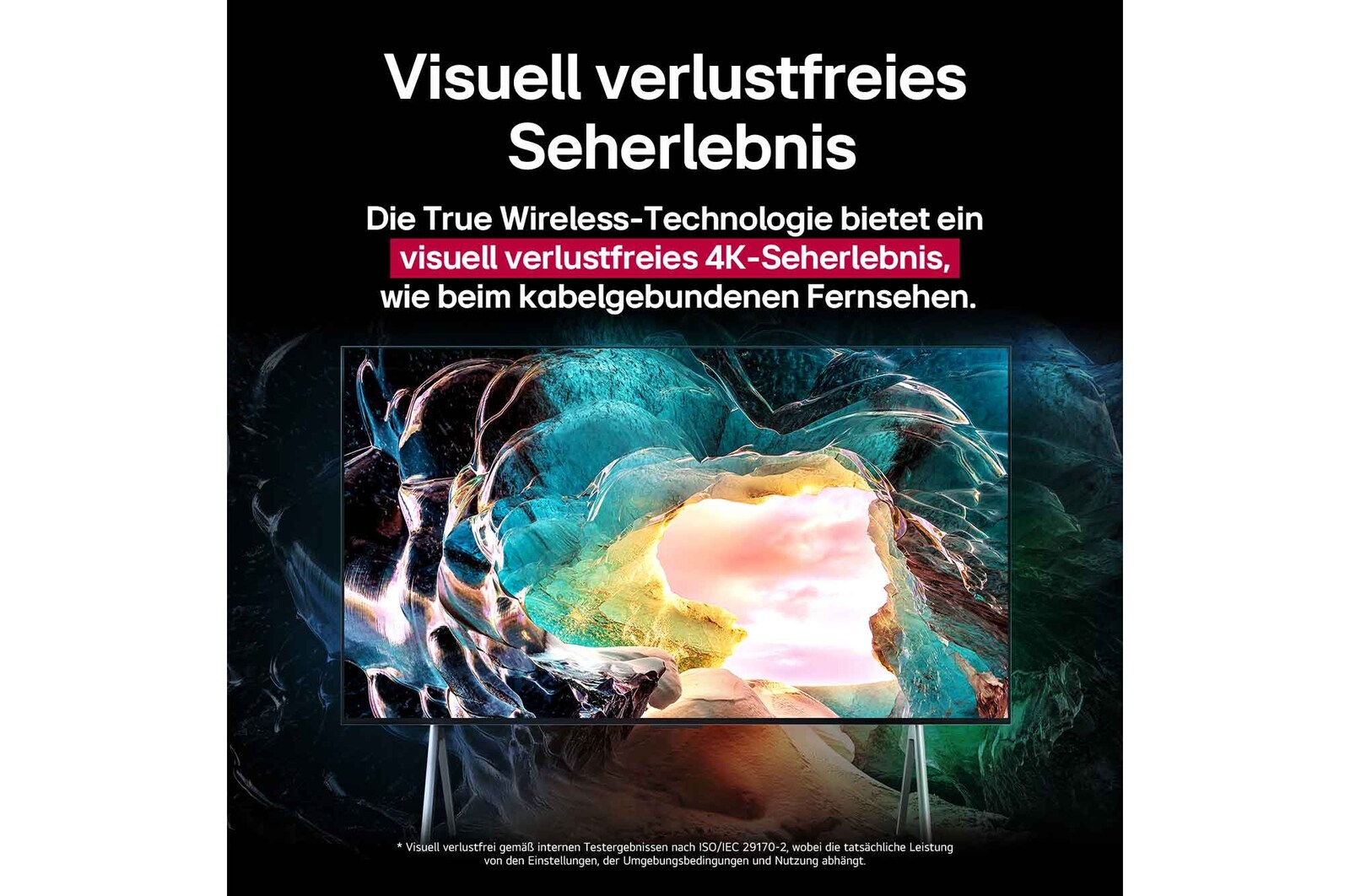 Der Bildschirm des LG SIGNATURE OLED TV M5 zeigt eine Höhle mit Blick auf den Himmel. Der Text handelt davon, wie beeindruckend Details in visuell verlustfreier 4K-Qualität sind. 