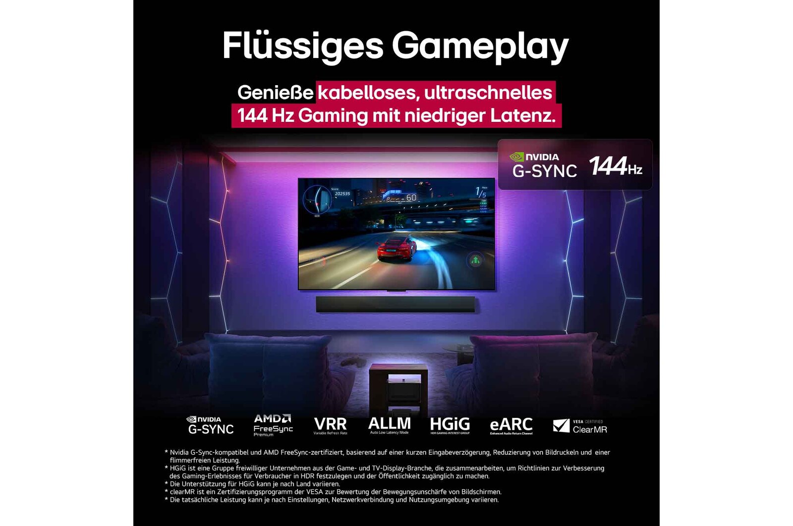 LG SIGNATURE OLED TV M5 mit Spiel auf dem Bildschirm, das flüssiges und nahtloses Gameplay zeigt. Die Zero Connect Box ist zwar sichtbar, fügt sich aber gut in den Raum ein. Gaming-Zertifizierungen sind sichtbar. Der Text handelt von ultraschnellem, kabellosem Gaming mit 120Hz und geringer Latenz.