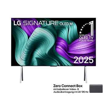 Vorderansicht des LG SIGNATURE OLED TV M5. Das OLED-Emblem „12 Years of world number 1“ und das Logo „LG Signature OLED M“ sind auf dem Bildschirm zu sehen. Zero Connect Box in der Ecke mit dem Titel „Zero Connect Box mit drahtloser Video- und Audioübertragung in 4K mit 144Hz“.