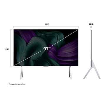 Frontansicht und Seitenansicht des LG SIGNATURE OLED TV M5 mit den Abmessungen Länge, Breite, Höhe und Tiefe.