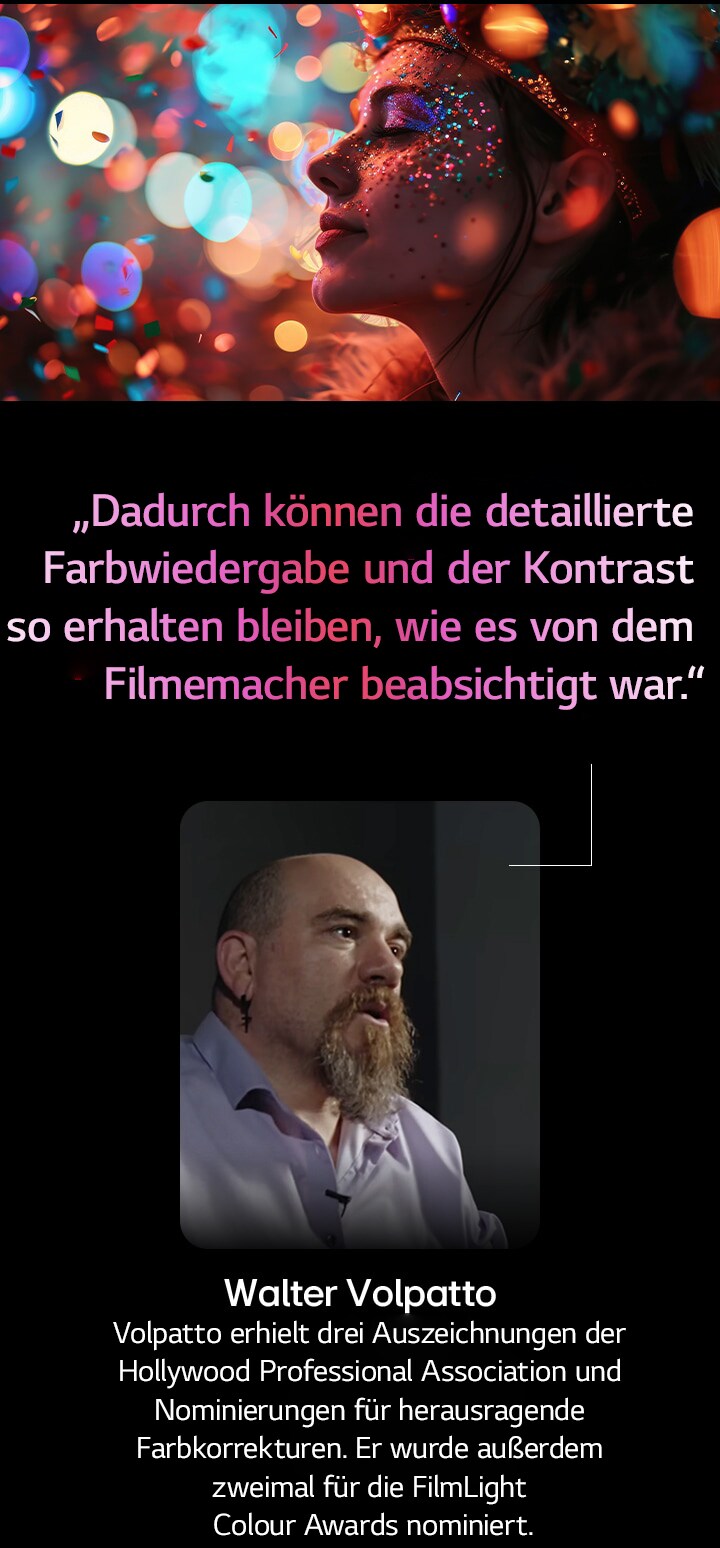 Menschliches Motiv vor farbenfrohem Hintergrund mit Bokeh. Ein Zitat von Walter Valpatto, einem bekannten Filmemacher, wird hervorgehoben, in dem er über AI Director Processing spricht. Dadurch können die detaillierte Farbwiedergabe und der Kontrast so erhalten bleiben, wie es der Filmemacher beabsichtigt hat.