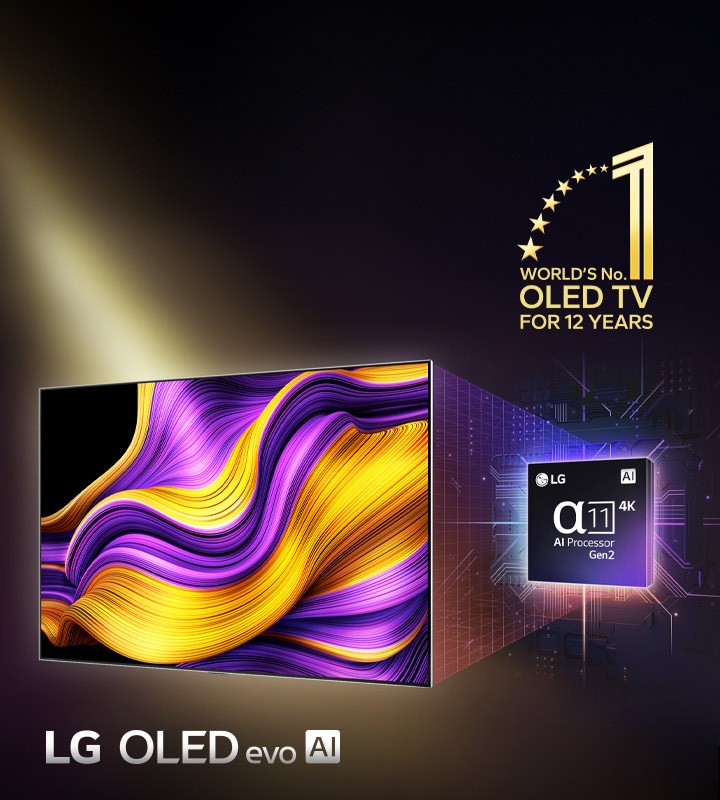 LG OLED TV mit einem farbenfrohen abstrakten Artwork auf dem Bildschirm und dem Alpha 11 Gen2 4K AI-Prozessor, der dahinter steht. Helle Lichter strahlen aus dem Prozessor und dem Fernseher heraus, was die fortschrittliche Technologie präsentiert. Das "world's number one OLED TV for 12 years"-Emblem ist ebenfalls sichtbar.