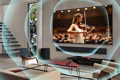 LG TV in einem Wohnzimmer mit Schallwellen, die vom Fernseher ausgehen und zeigen, wie AI Sound das Audio optimiert.