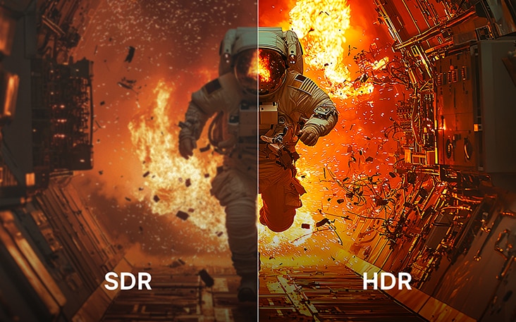 In eine in zwei Hälften aufgeteilte Szene mit einem Astronauten, der vor einer Explosion wegläuft. Auf der einen, mit „SDR“ beschrifteten Seite sind die Farben und der Kontrast stumpf. Auf der anderen, mit „HDR“ beschrifteten Seite ist das Bild scharf und lebendig.