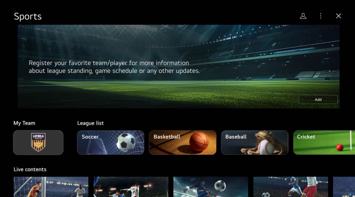Die dargestellte Benutzeroberfläche der Seite „Sports Portal“ zeigt, wie ein Benutzer seine Teams vormerken kann und wie die Inhalte für einen Sportfan organisiert sind.