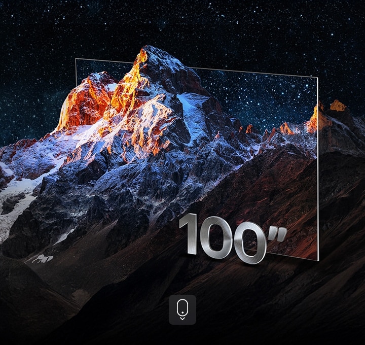 Gebirgskette im Rahmen eines Fernsehers als kreative Möglichkeit zur Hervorhebung von Fernsehern mit einer großen Bildschirmgröße. Mit dem Hinweis „100 Zoll“.