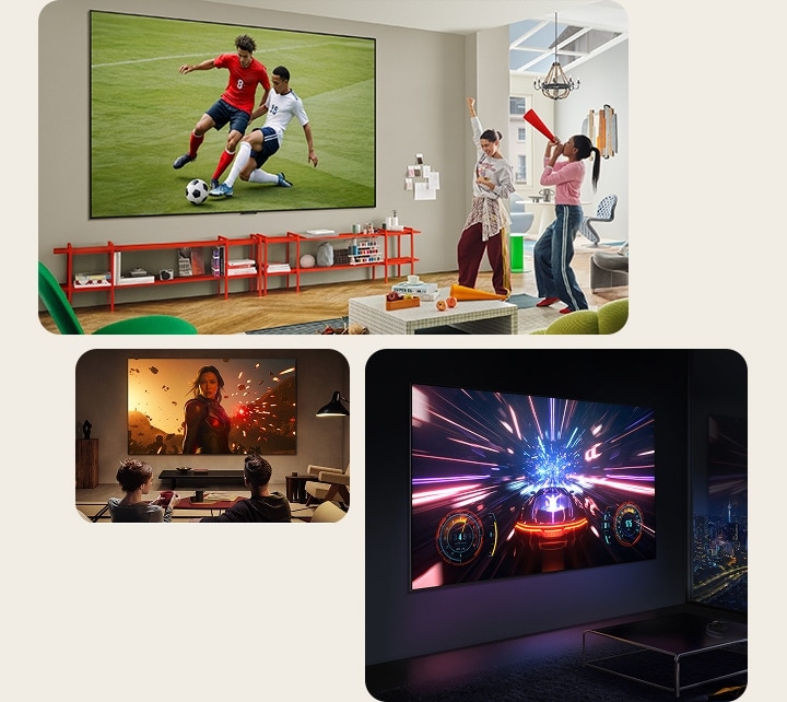Verschiedene Wohnzimmer mit Menschen, die auf unterschiedliche Weise ihre ultragroßen TVs genießen. In einem Zimmer schauen die Leute Sport. In einem weiteren Zimmer schauen sich Leute einen Film an. Im letzten Zimmer ist ein Video-Game auf dem Bildschirm zu sehen.