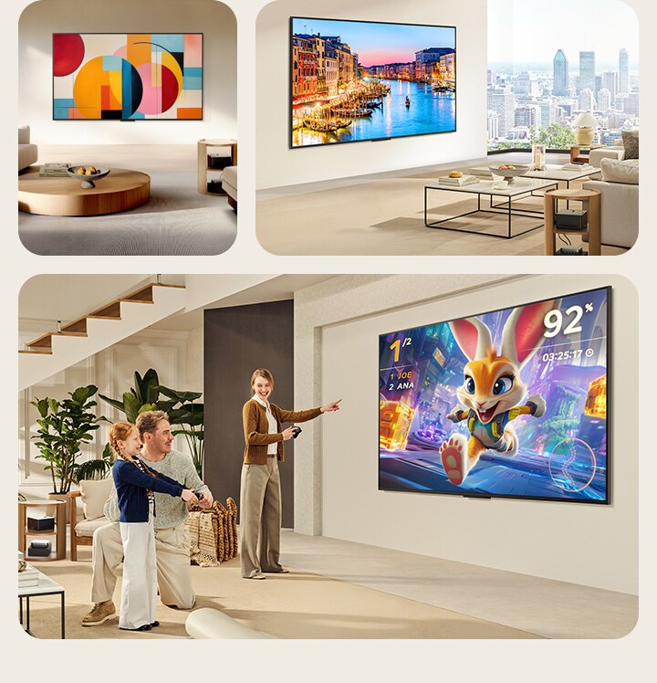 Verschiedene Wohnbereiche mit einem LG True Wireless QNED TV. Alle Bereiche sind optisch aufgeräumt und ordentlich. Auf den Bildschirmen sind verschiedene Kunstwerke zu sehen, die die Fernsehgeräte zu einer schönen Ergänzung des Raumes machen. Die Zero Connect Box und andere Peripheriegeräte stehen auf einem kleinen Beistelltisch und sind kaum zu sehen.