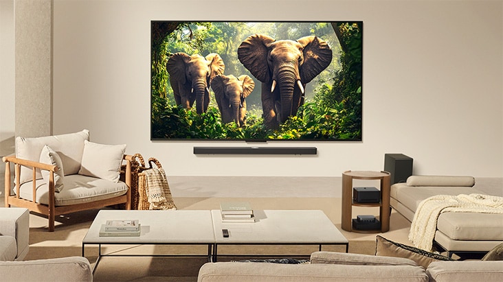 Wandmontierter LG QNED9M TV in einem Wohnzimmer. Die Zero Connect Box steht zusammen mit anderen Peripheriegeräten ordentlich unter einem Beistelltisch.