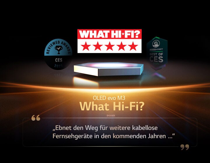 Auszeichnung für den OLED M3 von What Hi-Fi. Ein Auszug aus der Bewertung lautet: "Ebnet den Weg für weitere kabellose Fernsehgeräte in den kommenden Jahren