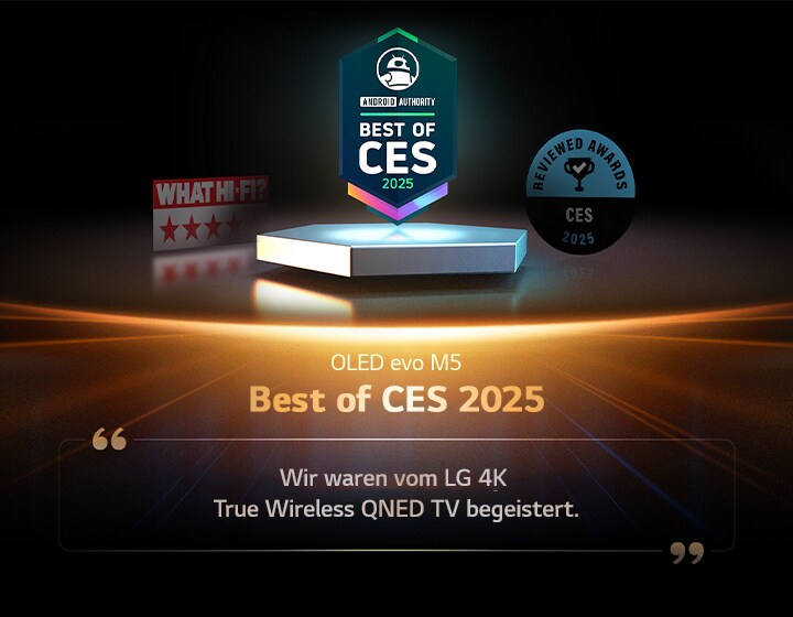 Auszeichnung des QNED9M von Android Authority. Zitat von Best of CES 2025. Ein Auszug aus der Bewertung lautet: „Wir waren vom LG 4K True Wireless QNED TV begeistert.“