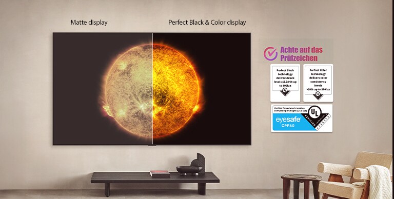 Ein LG OLED TV zeigt einen visuellen Vergleich zwischen einem Display mit perfektem Schwarz und perfekte Farben sowie einem ohne. UL- und Eyesafe-Zertifizierungen sind sichtbar mit einem Text, der auffordert, auf die Prüfzertifikate zu achten.