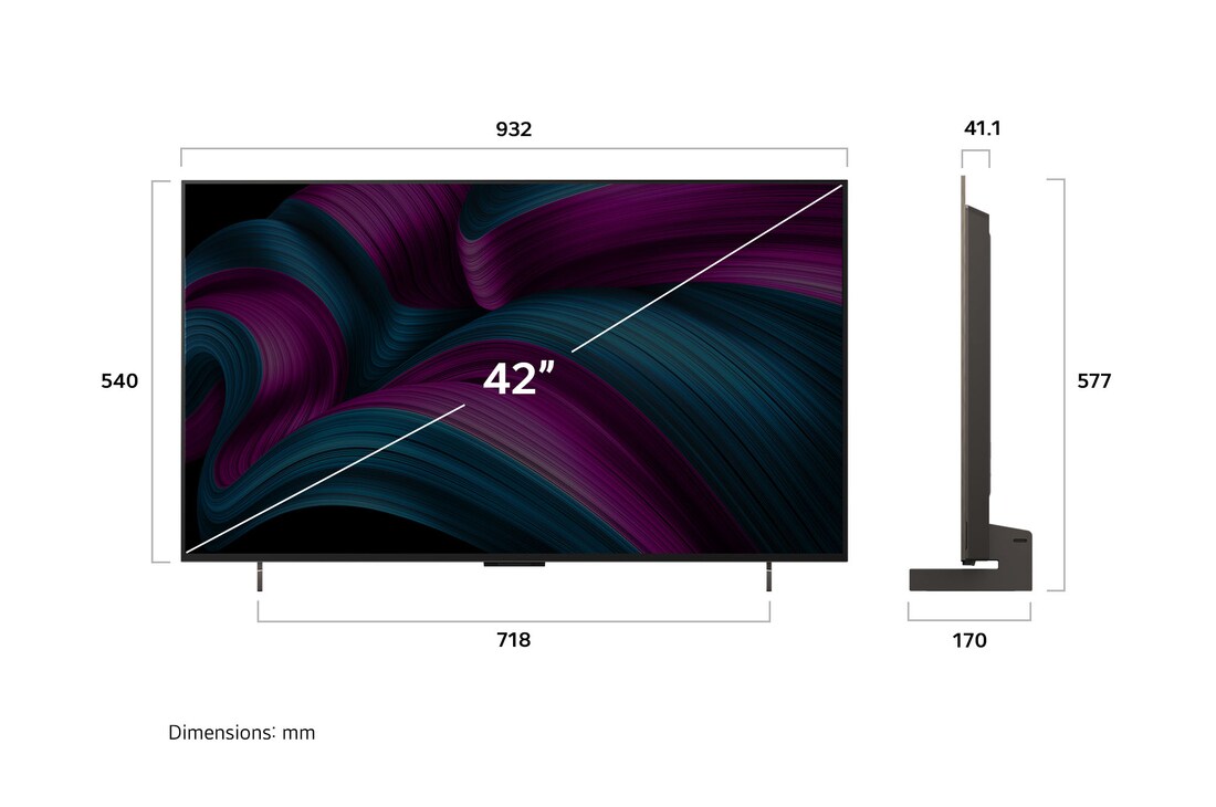 Frontansicht und Seitenansicht des LG OLED evo AI C5 4K Smart TV mit den Abmessungen der Länge, Breite, Höhe und Tiefe.