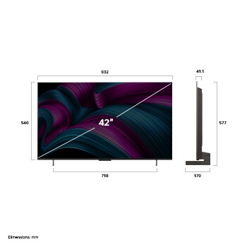 Frontansicht und Seitenansicht des LG OLED evo AI C5 4K Smart TV mit den Abmessungen der Länge, Breite, Höhe und Tiefe.
