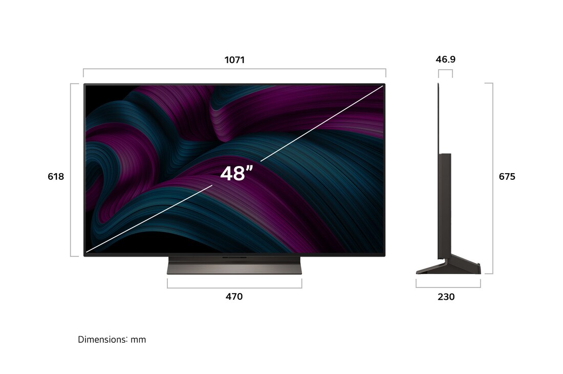 Frontansicht und Seitenansicht des LG OLED evo AI C5 4K Smart TV mit den Abmessungen der Länge, Breite, Höhe und Tiefe.
