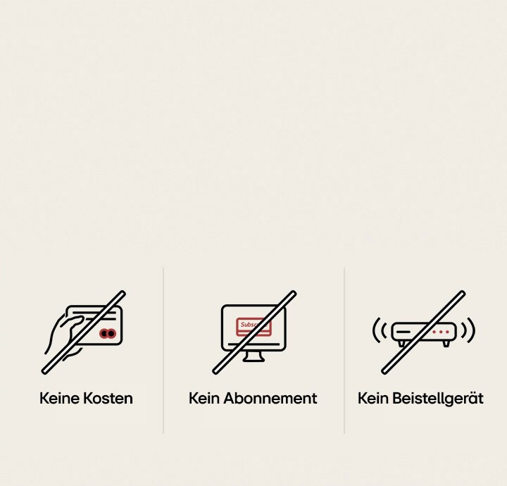 Drei verschiedene Symbole, die die einfache Nutzung von LG Channels ohne Abonnement, Gebühren oder die Einrichtung einer externen Set-Top-Box zeigen.