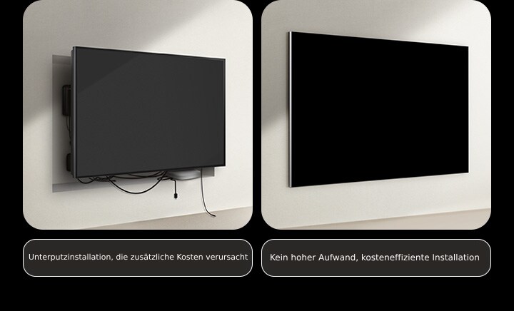 Vergleich der Installation eines kabelgebundenen Fernsehgeräts und der eines LG True Wireless TVs. Bei kabelgebundenen Fernsehgeräten waren zusätzliche Bauarbeiten nötig, um alle Kabel und anderen Geräte hinter dem Fernseher zu verstecken. Der unordentliche Aufbau und die Kabel sind durch die Lücken weiterhin sichtbar. Die Aufschrift lautet: „Unterputzinstallation, die zusätzliche Kosten verursacht“. Beim LG True Wireless wird das Fernsehgerät sauber an der Wand montiert. Es sind keine Kabel oder Geräte zu sehen. Die Aufschrift lautet: „Kein Aufwand, kosteneffiziente Installation.“