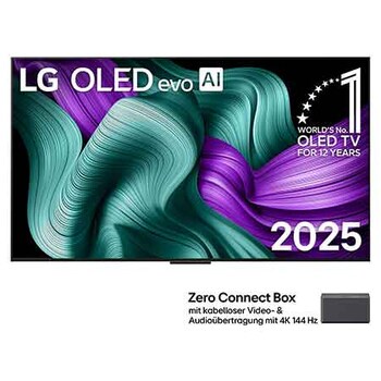 Vorderansicht des LG OLED M5 TVs. OLED-Emblem „12 Years of world number 1“ und LG OLED evo AI 2025-Logo sind auf dem Bildschirm zu sehen. Zero Connect Box in der Ecke mit dem Titel „Zero Connect Box mit drahtloser Video- und Audioübertragung in 4K mit 144Hz“
