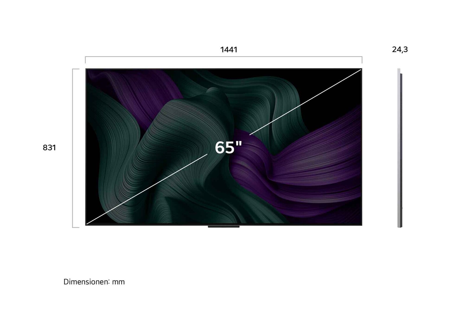 Frontansicht und Seitenansicht des LG OLED M5 TV mit den Abmessungen Länge, Breite, Höhe und Tiefe.