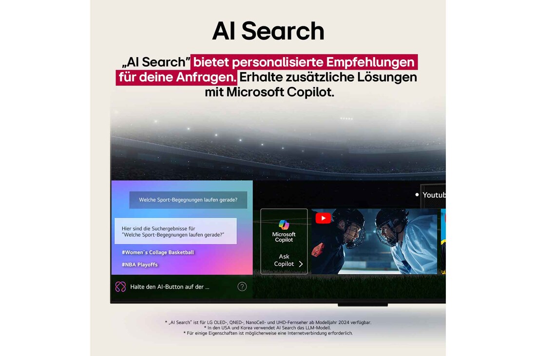 Nahaufnahme eines LG OLED TV-Bildschirms, der zeigt, wie AI Search funktioniert. Ein kleines Chat-Fenster ist geöffnet und zeigt, wie der Benutzer nachfragt, welche Sportspiele verfügbar sind. AI Search antwortete per Chat und zeigte Vorschaubilder verfügbarer Inhalte an. Es wird auch eine Aufforderung mit einer Frage an Microsoft Copilot angezeigt.