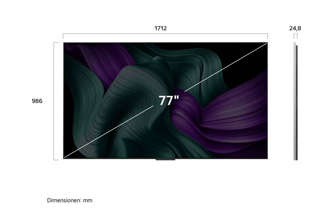 Frontansicht und Seitenansicht des LG OLED M5 TV mit den Abmessungen Länge, Breite, Höhe und Tiefe.