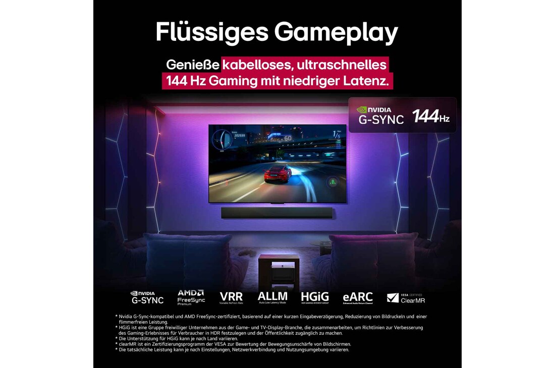LG OLED M5 TV mit Spiel auf dem Bildschirm, das flüssiges und nahtloses Gameplay zeigt. Die Zero Connect Box ist zwar sichtbar, fügt sich aber gut in den Raum ein. Gaming-Zertifizierungen sind sichtbar. Der Text handelt von ultraschnellem, kabellosem Gaming mit 120Hz und geringer Latenz.