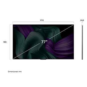 Frontansicht und Seitenansicht des LG OLED M5 TV mit den Abmessungen Länge, Breite, Höhe und Tiefe.