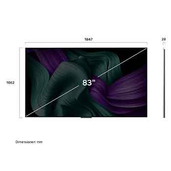 Frontansicht und Seitenansicht des LG OLED M5 TV mit den Abmessungen Länge, Breite, Höhe und Tiefe.