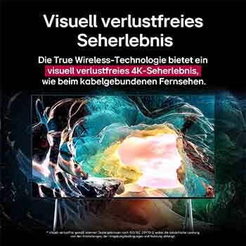 Der Bildschirm des LG OLED M5 TV zeigt eine Höhle mit Blick auf den Himmel. Der Text handelt davon, wie beeindruckend Details in visuell verlustfreier 4K-Qualität sind. 