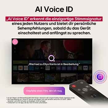LG TV-Bildschirm mit einer AI Magic Remote im Vordergrund. Die KI-Schaltfläche ist hervorgehoben und eine Sprechblase zeigt den Text „Schlage einen Film vor, der mir gefällt“. Auf dem Bildschirm sehen wir das Benutzersymbol E, das anzeigt, dass AI Voice ID in der Lage war, den Benutzer zu identifizieren und personalisierte Empfehlungen allein auf der Grundlage seiner Stimme zu geben. 