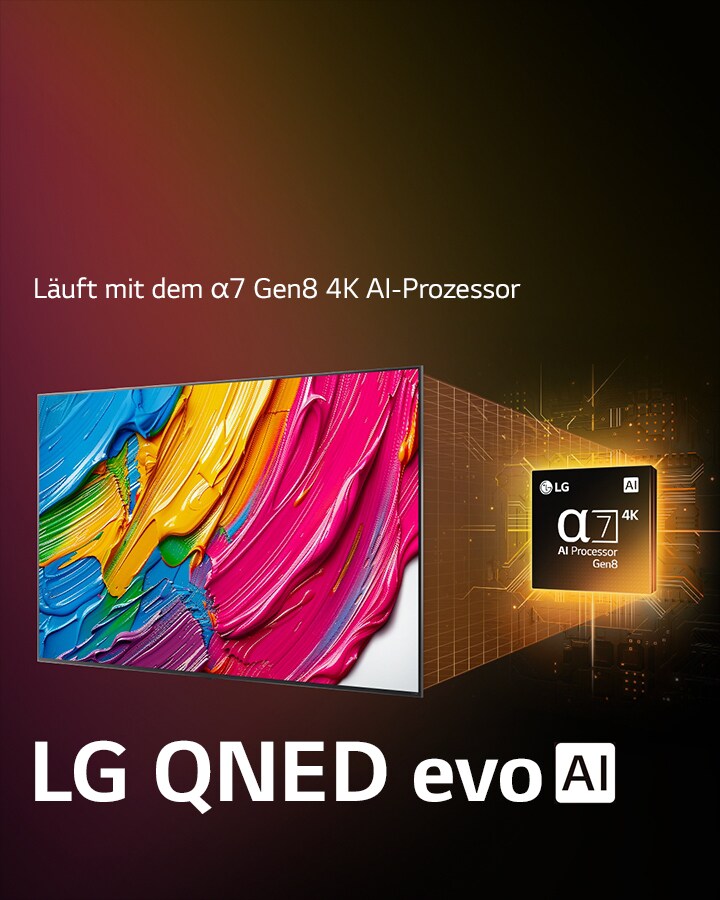 Der LG QNED TV sitzt leicht angewinkelt auf der linken Seite und zeigt bunte, farbige Texturen in Rot, Gelb, Grün, Blau und Lila. Hinter dem Fernseher befindet sich der alpha 8 AI Prozessor Gen2, der orange und pinkes Licht ausstrahlt. Das Logo des LG QNED evo AI befindet sich in der unteren linken Ecke. Der Hintergrund ist ein bunter orange-lila Farbverlauf. Auch der Text ist sichtbar: powered by alpha 8 AI Processor Gen2. 