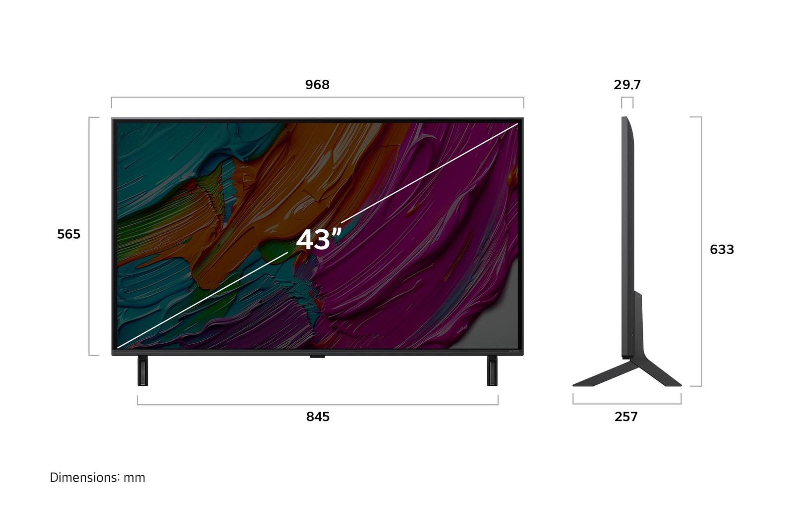 Frontansicht und Seitenansicht des LG QNED AI 4K Smart TV mit den Abmessungen Länge, Breite, Höhe und Tiefe.