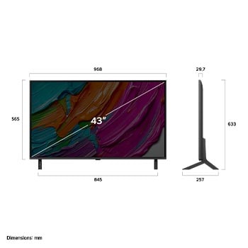 Frontansicht und Seitenansicht des LG QNED AI 4K Smart TV mit den Abmessungen Länge, Breite, Höhe und Tiefe.