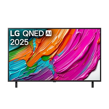 Frontansicht des LG QNED TV, LG QNED Al Logo in der oberen Ecke. LG QNED TV zeigt bunte Paintike-Texturen, die zusammenkommen.